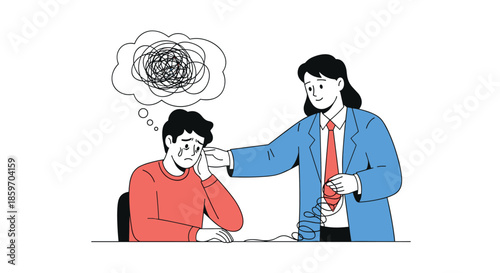Professional woman in a suit offering support and comfort to a stressed and emotional man during a difficult mental health moment.