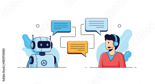 Futuristic interaction between a white artificial intelligence robot and a male customer service representative wearing a headset.