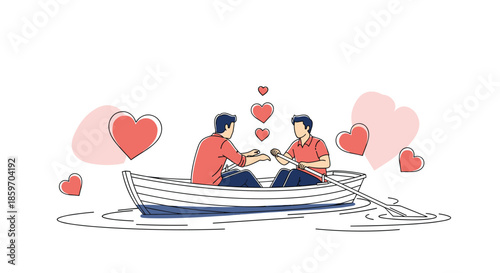 Romantic couple of men rowing a small wooden boat on calm water while surrounded by floating pink hearts on a plain white background.