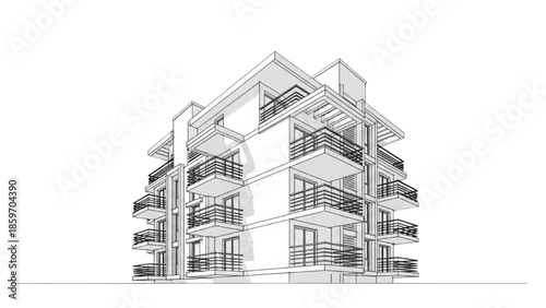 Conceptual 3D architectural sketch of a modern apartment building, showcasing contemporary urban residential design