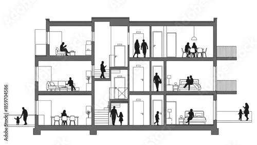 Architectural cross-section illustrating apartment building interiors with residents