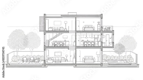Detailed architectural cross-section of a contemporary multi-story house, revealing interior design, living spaces, and surrounding garden layout