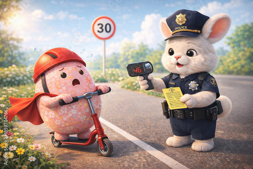 Funny 3D illustration of a bunny police officer giving a speeding ticket to a surprised Easter egg riding a small scooter on a country road in spring