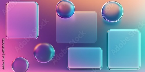 3D glassmorphism background design. Glass overlay effect isolated on abstract background with liquid gradient shapes. Glassmorphism background banner with transparent glass frame template.