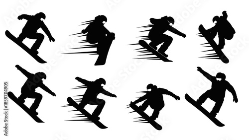 Silhouette collection of snowboarders performing tricks and jumps in dynamic poses