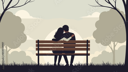 Silhouette of couple embracing on park bench under trees at sunset in tranquil setting