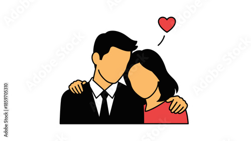 A couple embracing with a heart symbol.