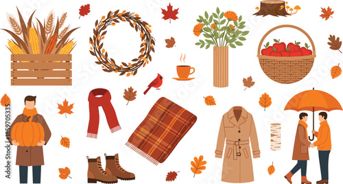 Autumn harvest vector set featuring a man with a pumpkin cozy couple under an umbrella fall foliage wreath and seasonal clothing icons.