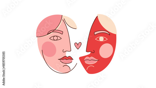Abstract of two faces with heart symbol in minimalist style