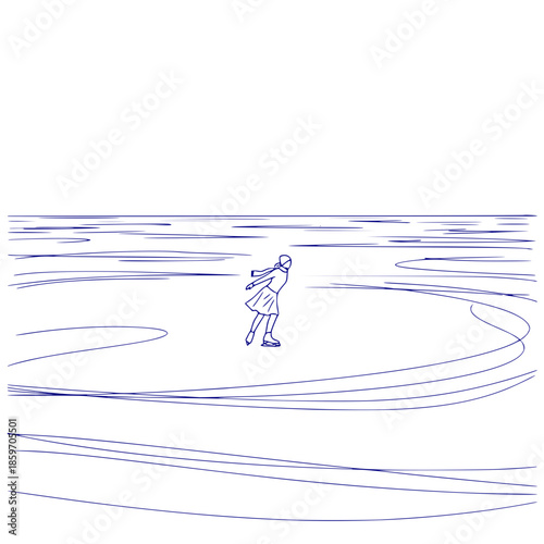 Cute minimalist vector – people skating on lake: Young girl ice skating on frozen lake with scenic winter background  