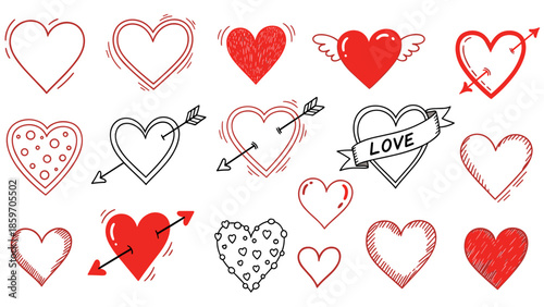 Collection of handdrawn heart illustrations with arrows and love text in various styles