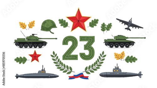 Military equipment and symbols with number 23 and Russian flag tanks submarine