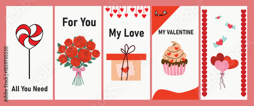 Valentine's day greeting cards with sweets and flowers