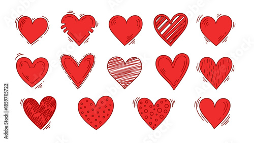 Collection of artistic red hearts with various textures and patterns.