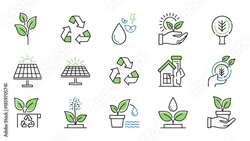 Set of ecofriendly and sustainable energy icons with plants and recycling symbols