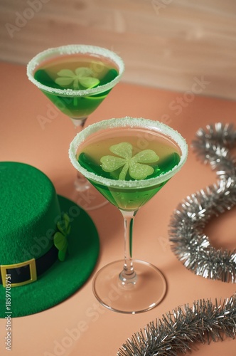 Green Drinks With Shamrock Decorations Near a Green Hat for Celebration Purpose
