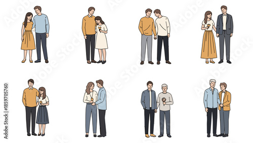 Several couples in different outfits and poses.