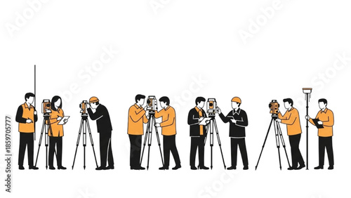 Professional team of land surveyors and engineers performing precise geodetic measurements with modern equipment for mapping