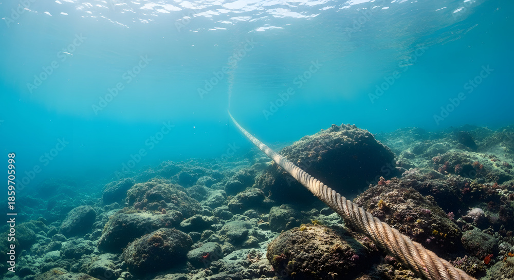 Fototapeta premium Underwater scene with a rope on a rocky ocean floor