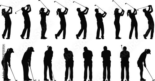 Silhouettes Collection of Male and Female Golfers Performing Various Swings and Puts for Sports Recreation Professional Training and Golf Club Design