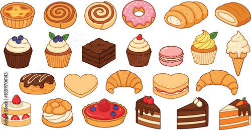 Bakery and pastry vector set featuring cupcakes donuts croissants macarons chocolate cake slices cinnamon rolls and fruit tarts isolated on white.