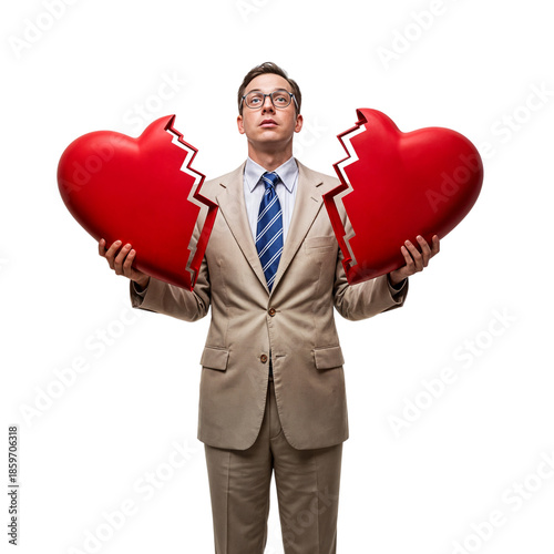 Heartbroken Man Holding Two Halves of a Red Heart