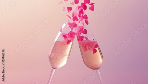 Celebration With Two Glasses and Pink Heart Confetti in the Air During a Joyf...
