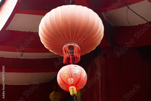 Traditional Red Chinese Lanterns Hanging Inside Temple