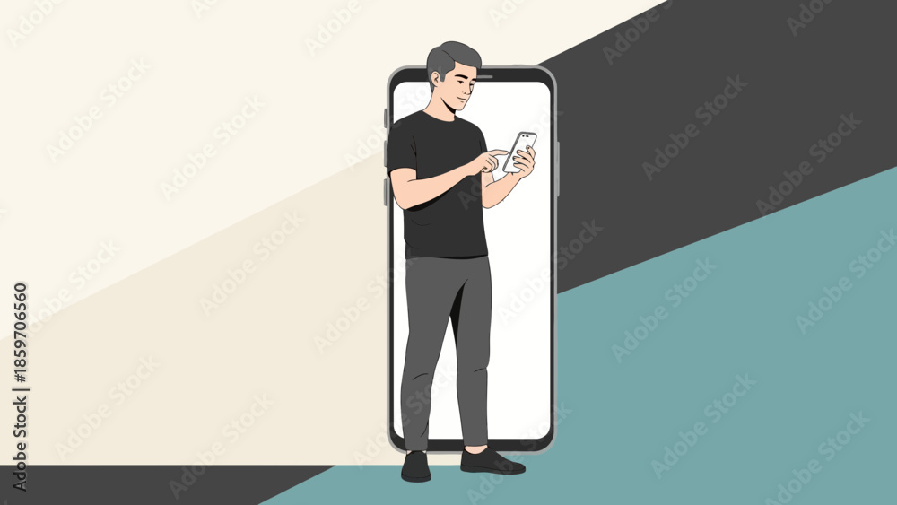 Fototapeta premium Young man standing inside a giant smartphone screen while using his phone in a minimalistic setting