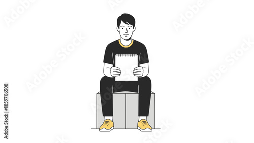 Young man sitting on a cubic stool holding a notepad in a minimalistic illustration
