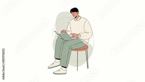 Young man sitting on a chair using a laptop in a minimalistic setting