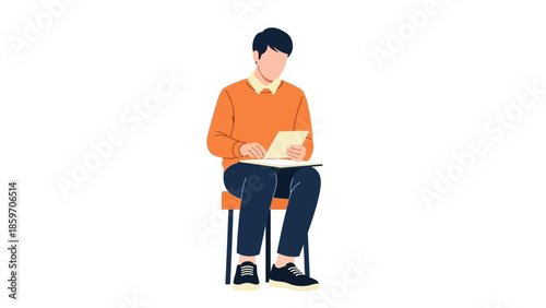 Young man sitting on a chair reading a paper in a minimalistic illustration style