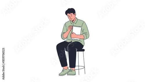 Young man sitting on a stool engaged in thoughtful note-taking or sketching with a casual style