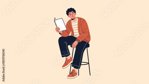 Young man sitting on a stool reading a book with a cheerful expression and casual attire in a