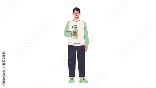 young man standing confidently holding a travel mug in a casual outfit on a white background