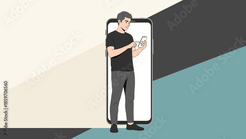 Young man standing inside a giant smartphone screen while using his phone in a minimalistic setting