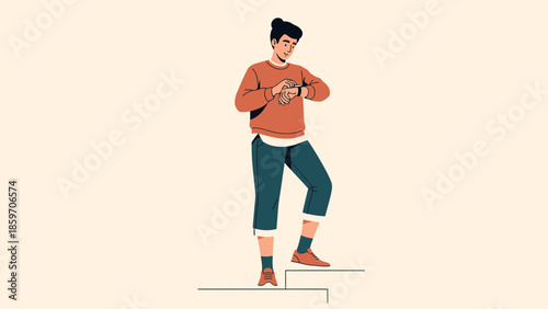 Young man standing on one foot checking smartwatch with casual attire isolated on beige background