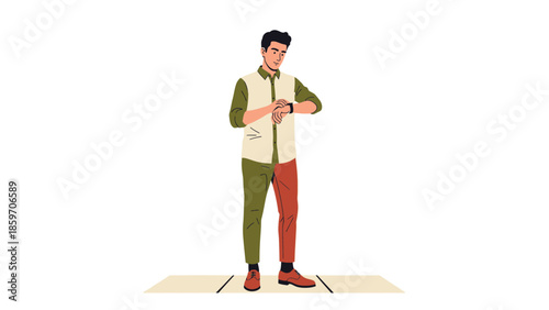 Young man standing on wooden platform looking at smartwatch wearing casual outfit