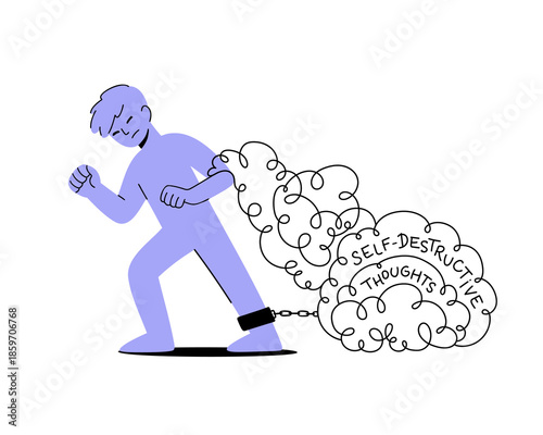 Vector drawing of a person struggling with self-destructive thoughts that are pulling him back. Flat illustration of depression, anxiety, psychology concept for web, print, or social media.
