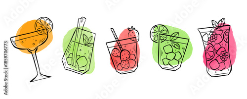 Collection of hand-drawn line sketches with different types of mocktails isolated on white background. Illustration set of party drinks with for logo, sticker, menu, or web banner.