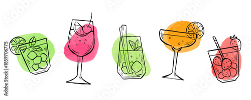Set of different mocktails in sketch style with watercolor spots on background. Vector line illustrations of party drinks with fruits, straw and ice for logo, menu, web banner, or print.