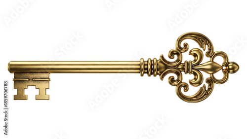 Vintage ornate gold key with decorative handle isolated on transparent background