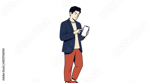 Young man using smartphone in casual attire with a confident expression