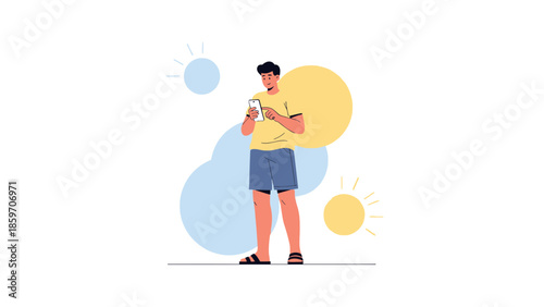 Young man using smartphone outdoors on a sunny day with abstract background