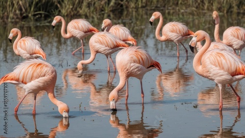 Flock of Flamingos Foraging in Shallow Water.
