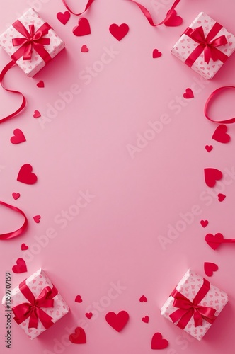 Decorative Display of Gifts and Hearts on a Pink Background for a Celebration