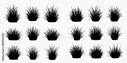 Set of grass tufts silhouettes on transparent background for design elements.