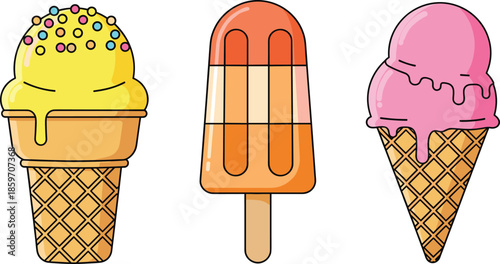 Set of colorful ice cream illustrations featuring a yellow scoop with sprinkles an orange popsicle and a double pink scoop in waffle cones.