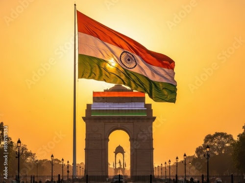 Indian flag waving on a pole at india gate during sunset with vibrant colors