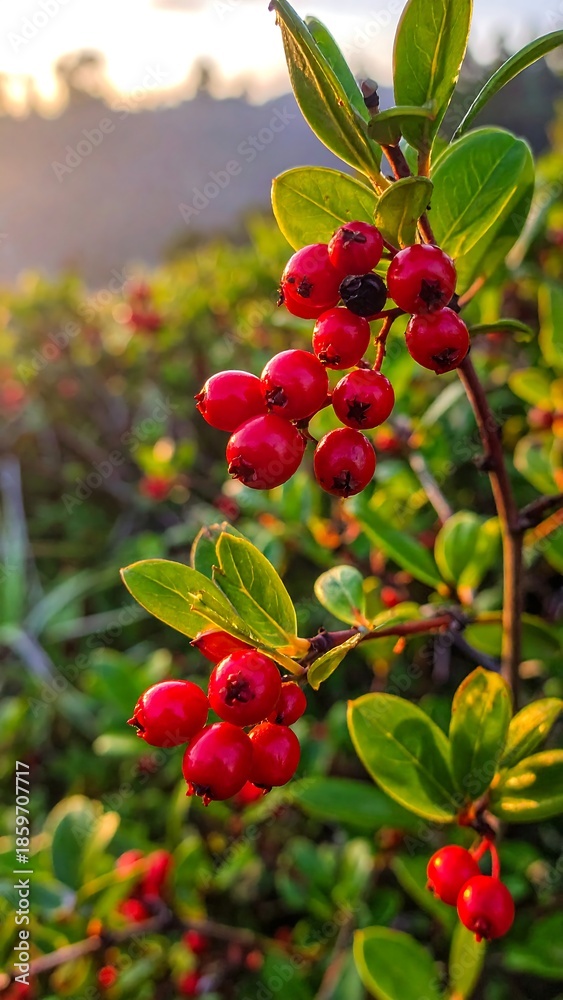 Obraz premium Vibrant red berries on a leafy branch